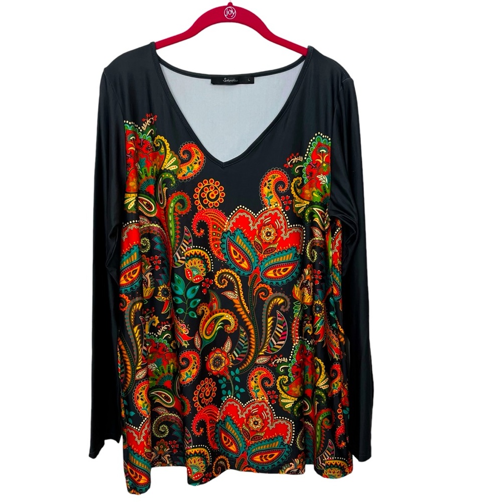 Sakurafina Multi Color Paisley Floral Large Top Black Red Orange V Neck